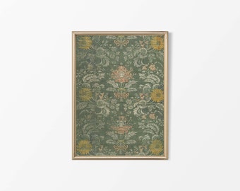 Textilväggkonst med grönt blommönster | Rustikt vintage-gobelängtryck | Antik lantlig bondgårdsdekor | FYSISKT papperstryck #0212