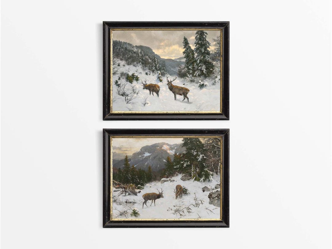 Set of Two Winter Forest Wall Art, Vintage Deer Snow Landscape Oil ...