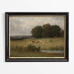 Moody Antique Landscape Oil Painting, Rustic Vintage Cows Wall Art Print, Countryside Farmhouse Décor, PHYSICAL Paper Print #0394
