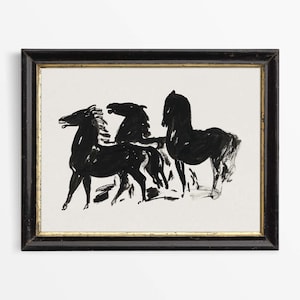 May include: Black and white ink drawing of three horses in a field. The horses are drawn in a loose, expressive style.
