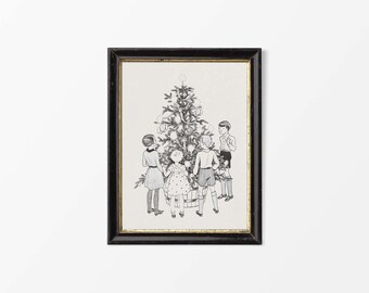 Minimalistische vintage vakantie muurkunst, antieke kerstboom schets, feestelijke tekening, rustiek winterdecor, fysieke papierprint #0522