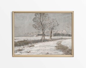 Minimalistiskt vintage vinterlandskap, neutral landsbygdssnö oljemålning, antik juldekor, FYSISKT papperstryck #0689