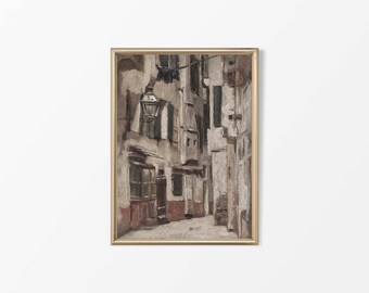 May include: A painting of a narrow street in a European city. The buildings are tall and narrow, with windows and doors. The street is paved with cobblestones and there is a lamppost in the foreground.