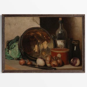May include: A still life painting depicting a copper pot, a bottle, a jar, a covered dish, and onions on a table. The painting is framed in brown.
