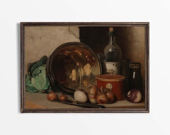 Rustic Farmhouse Kitchen Wall Art, Minimalist Vintage Still Life Oil Painting, Antique Décor, Food, Wine, PHYSICAL Paper Print #0816