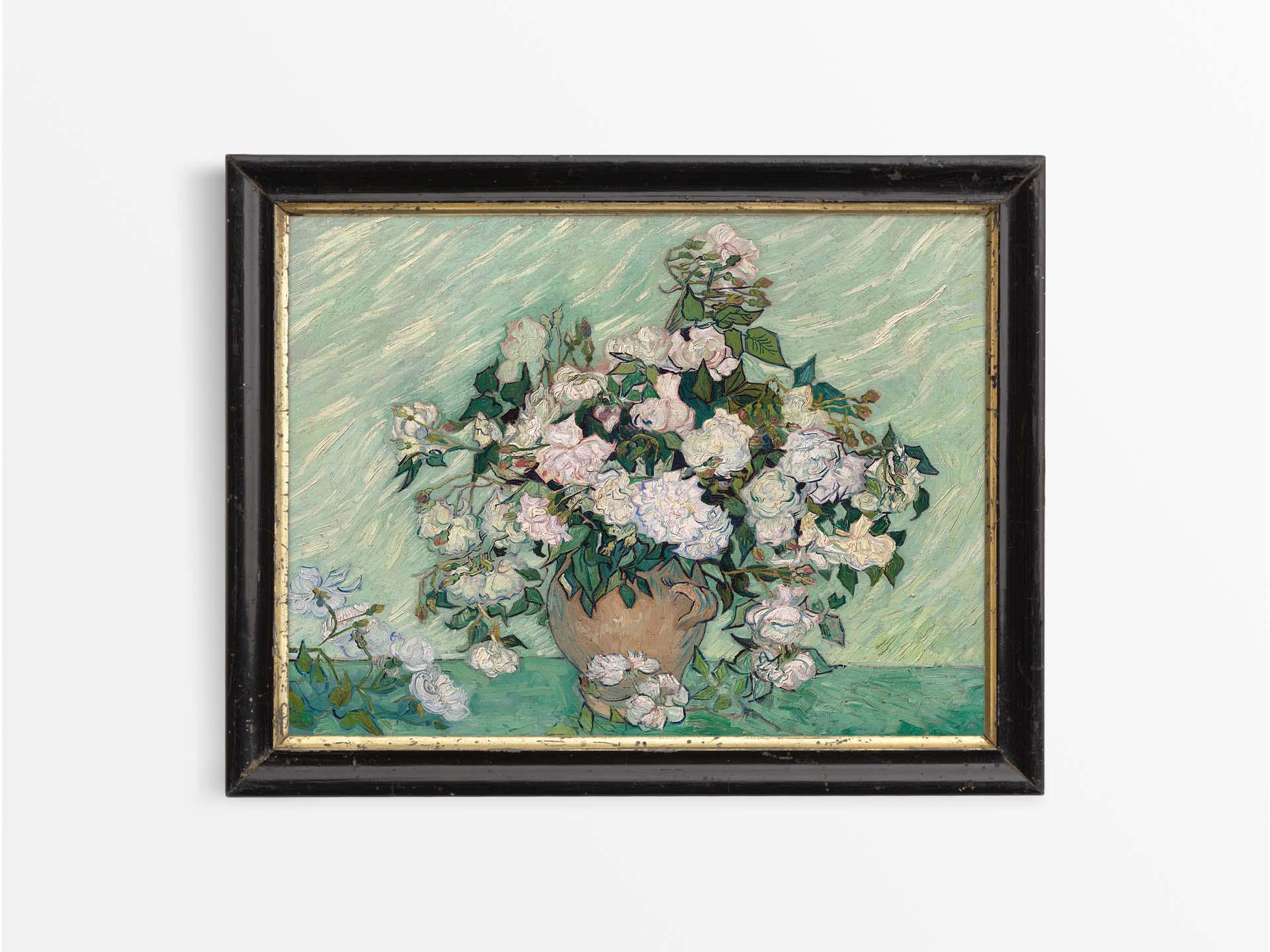 ヴィンテージローズの静物油絵、アンティークフラワーウォールアート