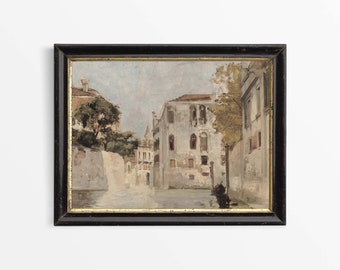 May include: A framed painting depicting a canal scene in Venice, Italy. The painting features a narrow canal with buildings lining both sides. The buildings are painted in muted tones of gray and brown, and the canal is a light blue. A gondola is visible in the distance.