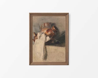 Rustic Farmhouse Kitchen Wall Art, Minimalist Vintage Still Life Watercolour Painting, Antique Décor, Jug, Pot, PHYSICAL Paper Print #0776