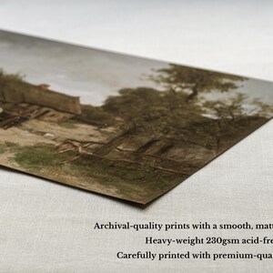 May include: A print of a landscape painting depicting a rural scene with a building and trees. The print is on heavy-weight, acid-free paper with a smooth, matte finish. The text on the print says "Archival-quality prints with a smooth, matte finish", "Heavy-weight 230gsm acid-free paper", and "Carefully printed with premium-quality inks."