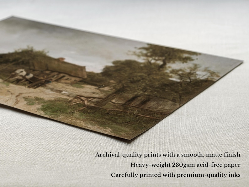May include: A print of a landscape painting depicting a rural scene with a building and trees. The print is on heavy-weight, acid-free paper with a smooth, matte finish. The text on the print says "Archival-quality prints with a smooth, matte finish", "Heavy-weight 230gsm acid-free paper", and "Carefully printed with premium-quality inks."
