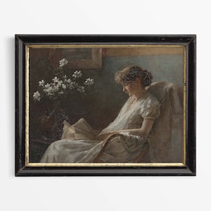 Victorian Woman Reading Portrait Oil Painting | Rustic Vintage Art Print | Country Farmhouse Wall Décor | PHYSICAL Paper Print #0083