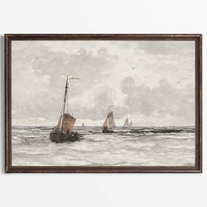 Muted Coastal Sailboat Watercolour Painting | Neutral Vintage Art Print | Antique Lake House Wall Décor | PHYSICAL Paper Print #0218