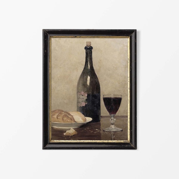 Antique Bread & Wine Still Life Oil Painting | Rustic Vintage Art Print | Farmhouse Kitchen Wall Décor | PHYSICAL Paper Print #0097