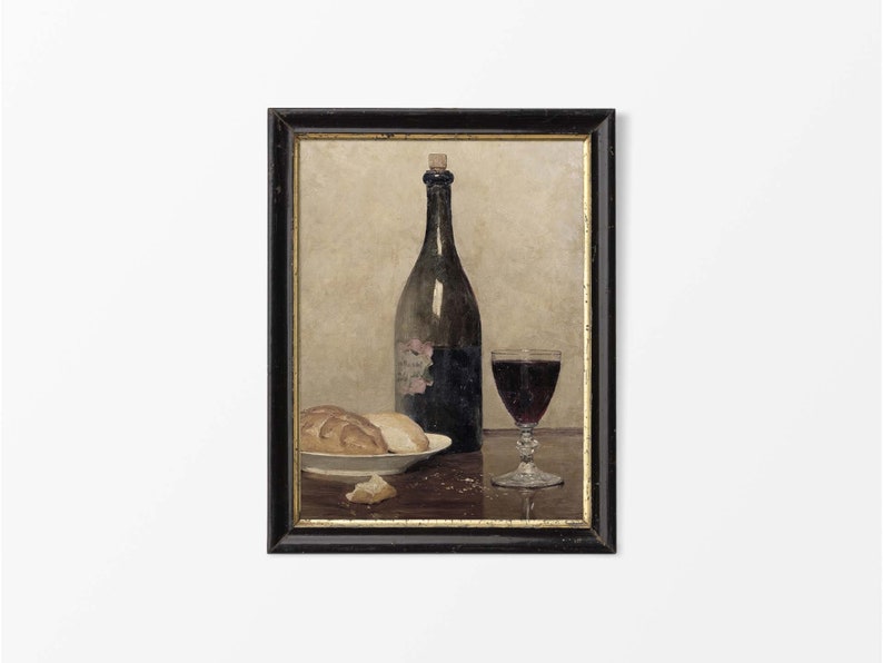 Antique Bread & Wine Still Life Oil Painting | Rustic Vintage Art Print ...