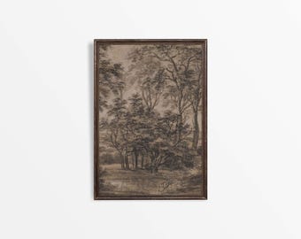 Moody Woodland Landscape Drawing, Neutral Vintage Charcoal Sketch Wall Art, Antique Farmhouse Décor, Forest Trees PHYSICAL Paper Print #0794