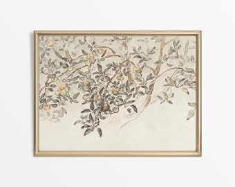 Neutrale vintage appelboom tekening, minimalistische antieke schets muurkunst print, landelijke boerderij inrichting, fysieke papierprint #0377