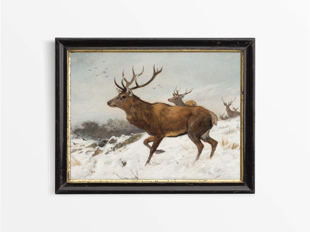 Vintage Deer Landscape Oil Painting, Rustic Winter Snow Wall Art ...