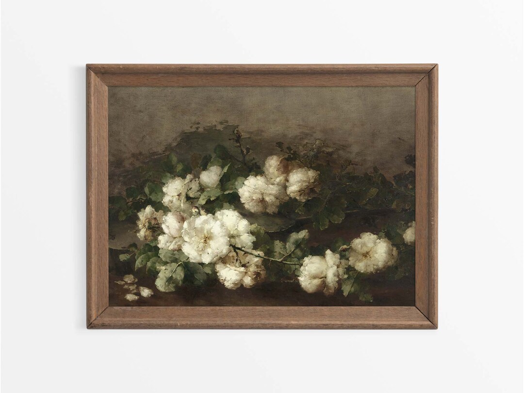 Moody Vintage Rose Still Life Oil Painting, Neutral Antique Flower Wall ...