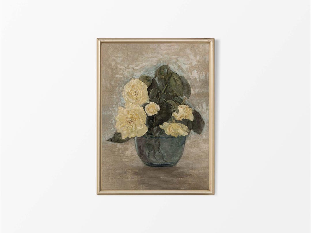 Vintage Yellow Rose Still Life Oil Painting, Rustic Antique Flower Vase ...
