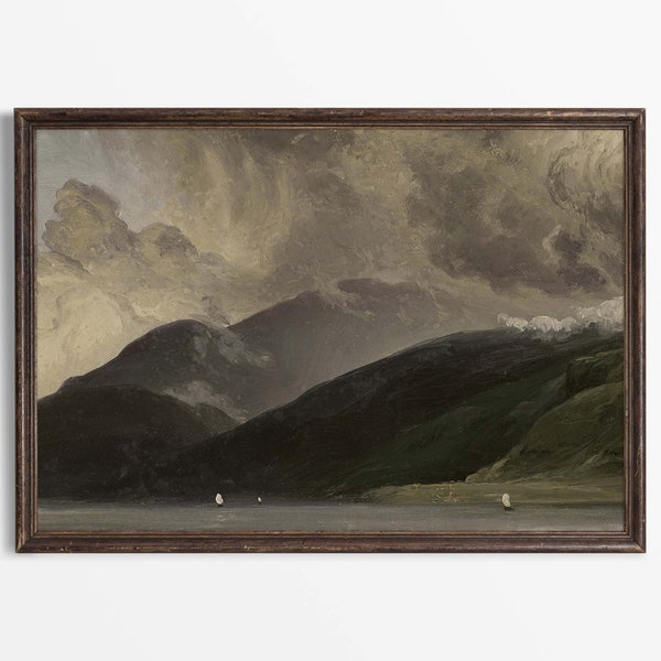 Moody Mountain Painting, Vintage Landscape Print, Rustic Lake Décor, Antique Wall Art, Country Artwork, PHYSICAL Paper Print #0257