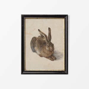 Può includere: Dipinto ad acquerello incorniciato di una lepre marrone con lunghe orecchie, sdraiata. L'opera d'arte è ambientata su uno sfondo chiaro, incorniciata in una cornice nera con un bordo interno dorato. La lepre è raffigurata in dettaglio.