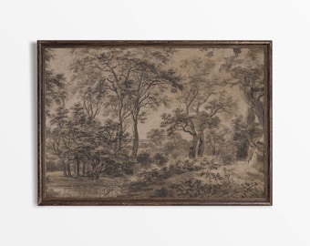 Moody Woodland Landscape Drawing, Neutral Vintage Charcoal Sketch Wall Art, Antique Country Farmhouse Décor, Tree PHYSICAL Paper Print #0615