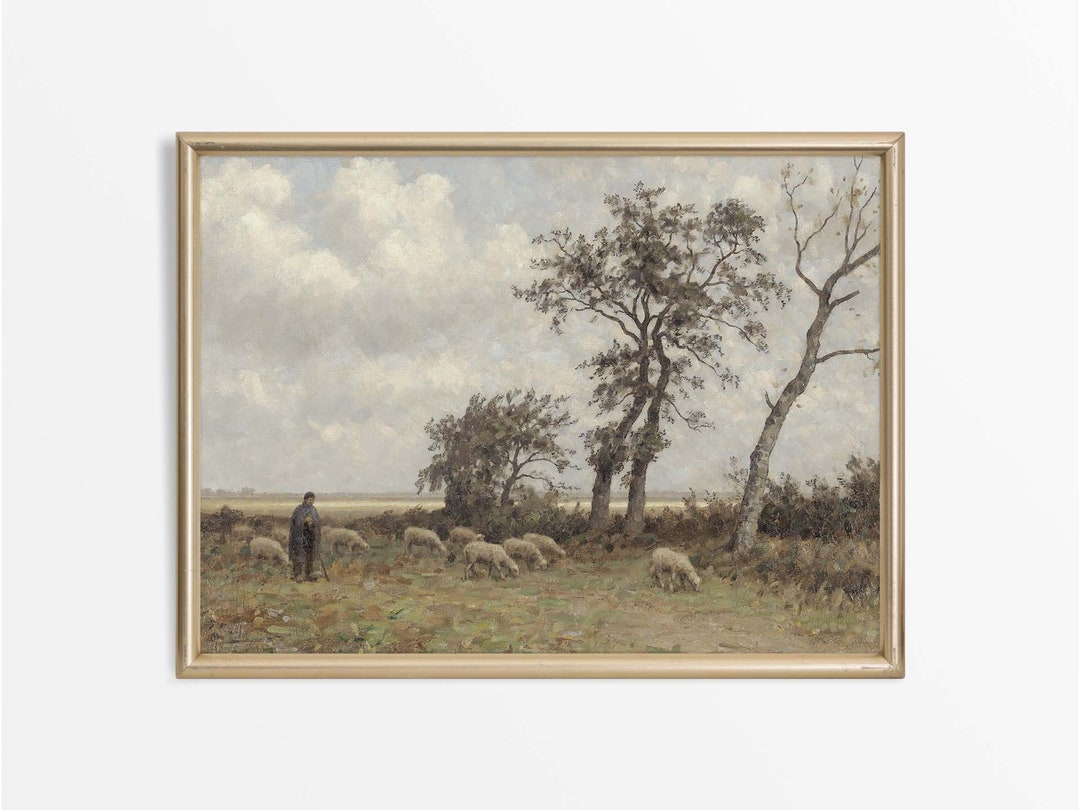 Antique Shepherd Sheep Landscape Oil Painting | Rustic Vintage Art ...