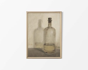 Antique Oil Bottle Kitchen Still Life Painting | Neutral Vintage Art Print | Country Farmhouse Wall Décor | PHYSICAL Paper Print #0101