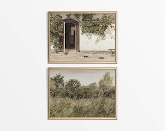 Set of Two European Farmhouse Cottage Oil Paintings, Rustic Vintage Art, Countryside Flower Meadow Wall Décor PHYSICAL Paper Prints #S2-0004