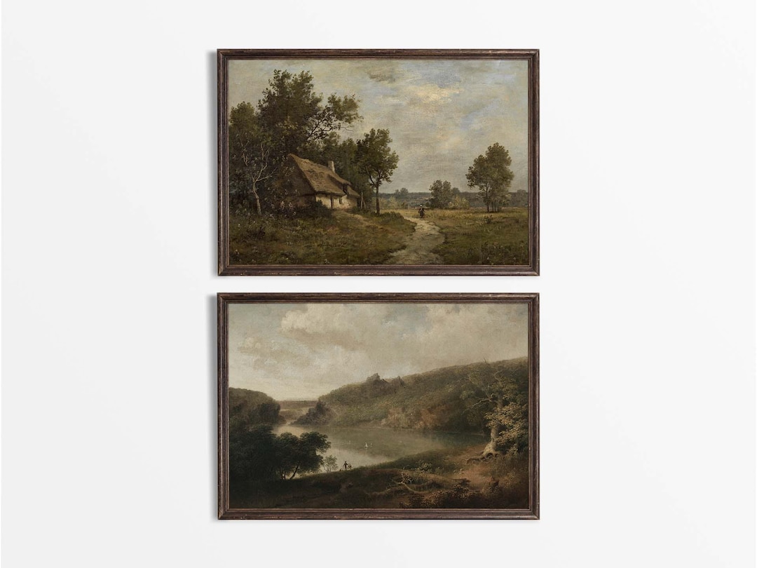 Set of Two Antique Country Oil Paintings, Neutral Vintage Wall Art ...