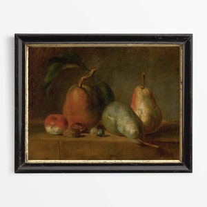 Antikes Obst Stillleben Ölgemälde, Rustikale Vintage Birnen Wandkunst, Minimalistisches Bauernhaus Küchen Dekor, Stimmungsvoller PHYSIKALISCHER Papierdruck #0564