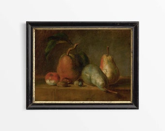 Antique Fruit Still Life Oil Painting, Rustic Vintage Pears Wall Art, Minimalist Farmhouse Kitchen Décor, Moody PHYSICAL Paper Print #0564