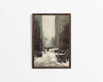 May include: A painting depicting a snowy city street scene with tall buildings on either side. The street is lined with horse-drawn carriages and people walking in the snow. A street lamp illuminates the scene.