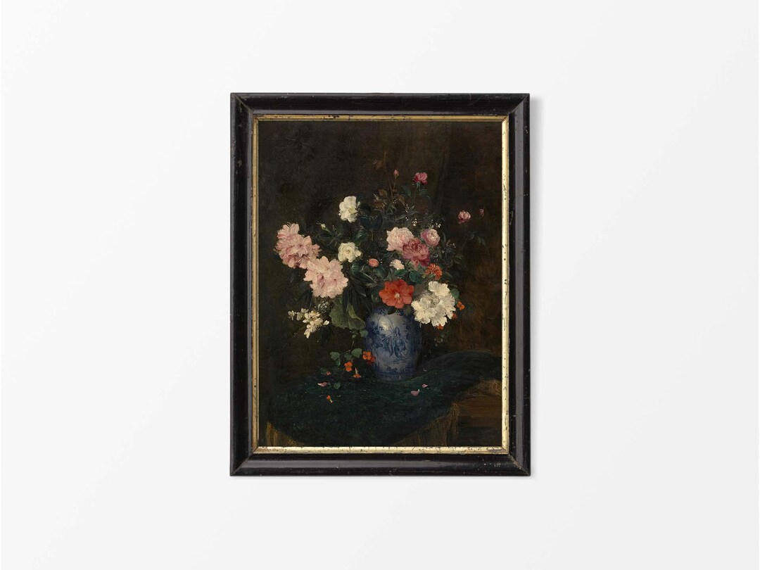 Moody Vintage Still Life Oil Painting, Rustic Antique Flower Vase Wall ...