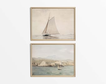 Set of Two Neutral Antique Coastal Wall Art, Minimalist Vintage Sailboat Paintings, Lake Beach House Décor, PHYSICAL Paper Prints #S2-0025