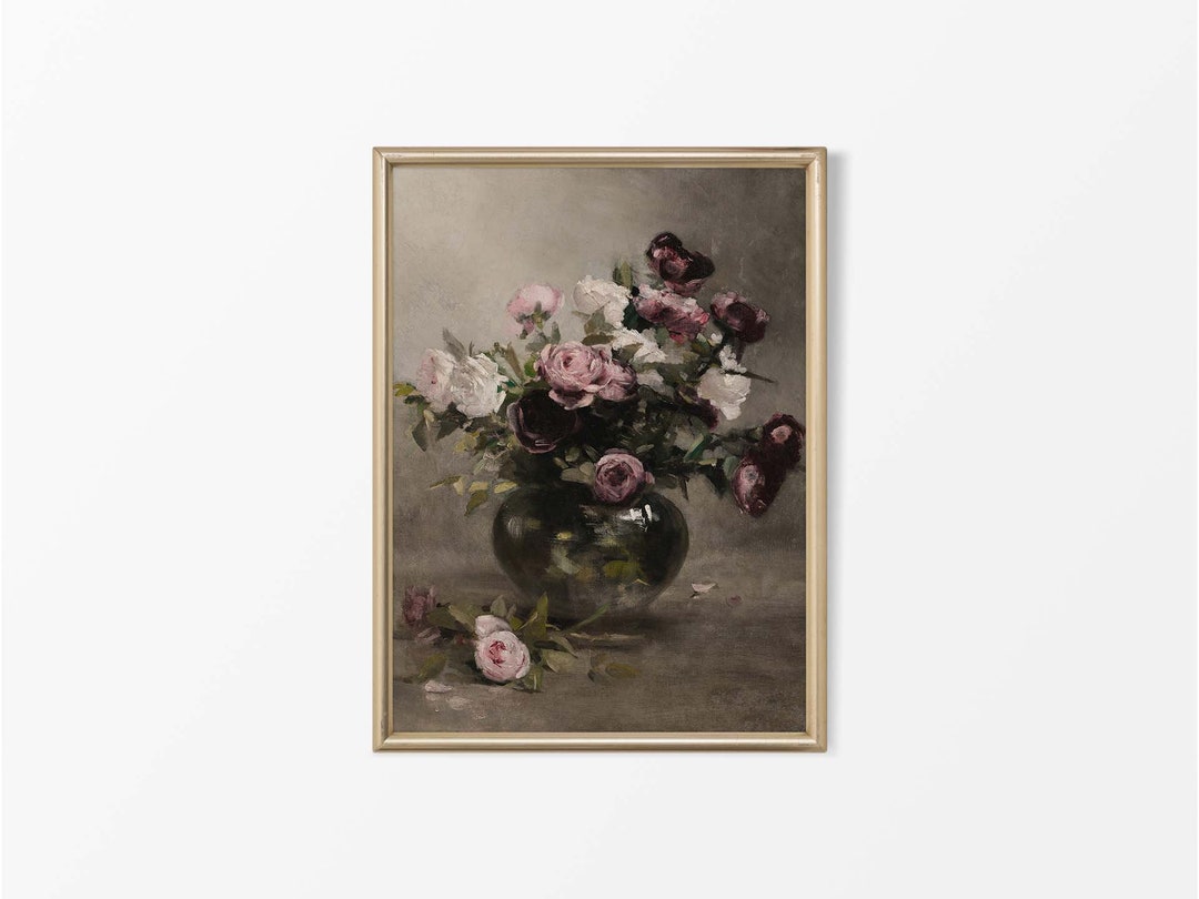Antique Roses Vase Still Life Oil Painting | Rustic Moody Vintage Art ...