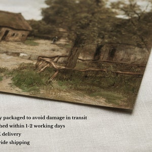 May include: A vintage print depicting a rural scene with a thatched cottage, a dirt track, and a wooden fence. The artwork uses a muted colour palette of browns, greens, and beige, creating a nostalgic and peaceful atmosphere.