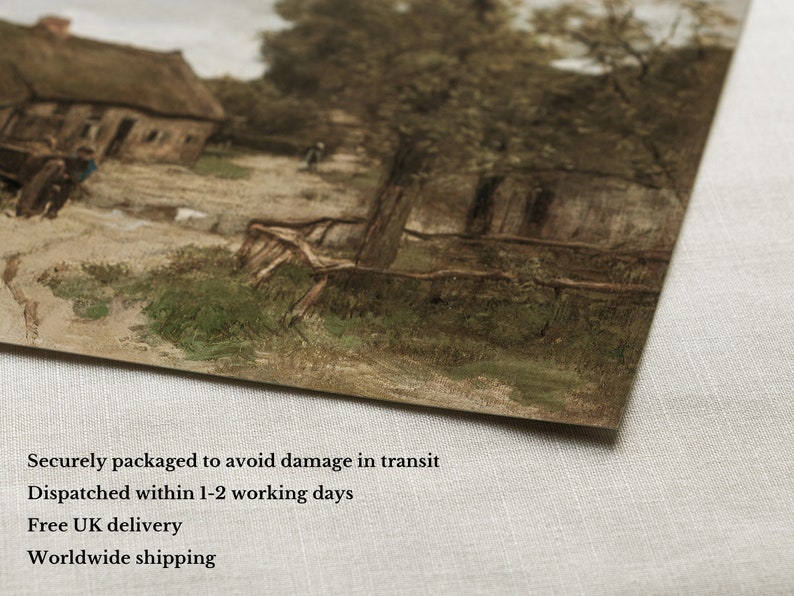 May include: A vintage print depicting a rural scene with a thatched cottage, a dirt track, and a wooden fence. The artwork uses a muted colour palette of browns, greens, and beige, creating a nostalgic and peaceful atmosphere.