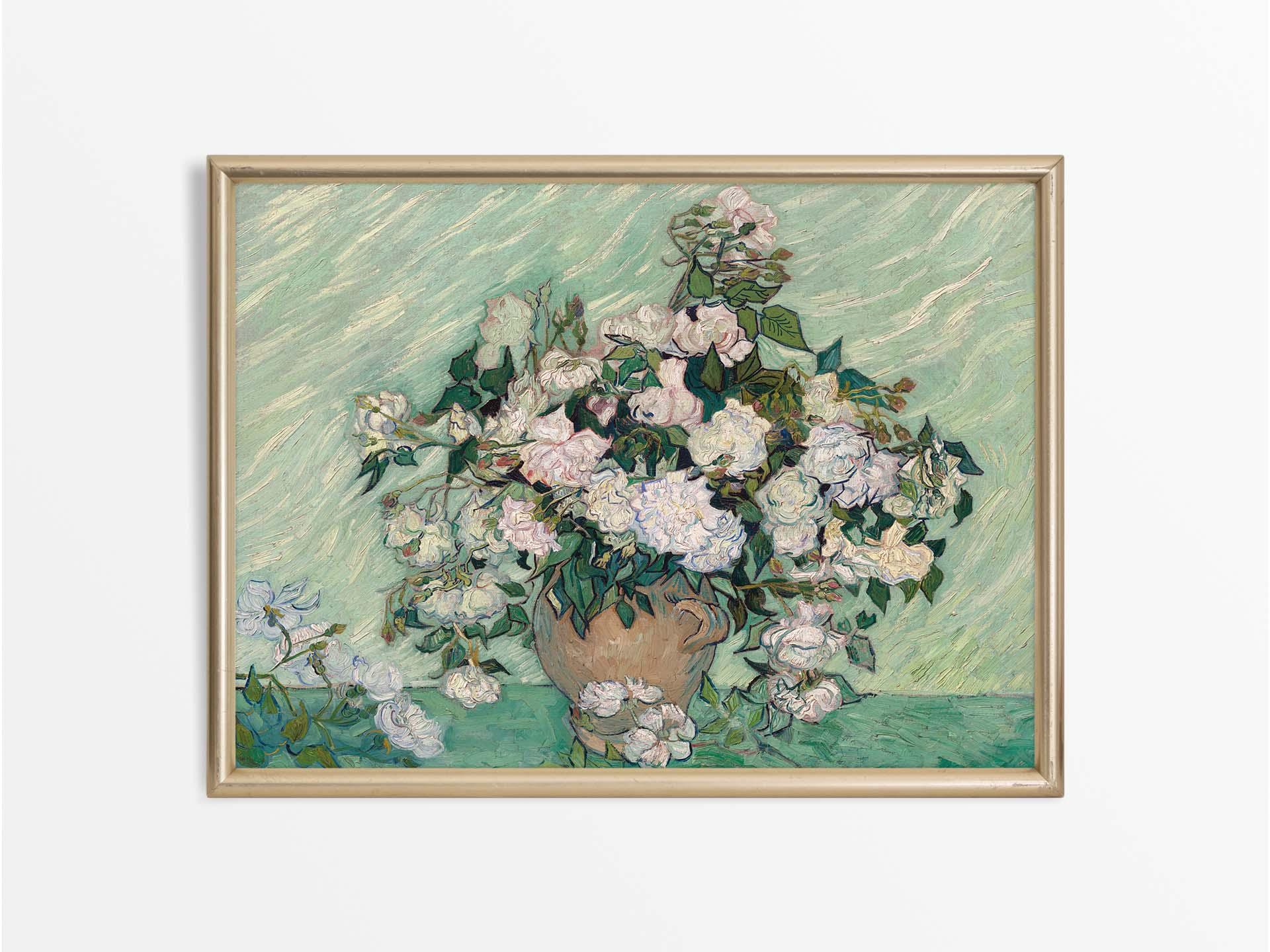 ヴィンテージローズの静物油絵、アンティークフラワーウォールアート