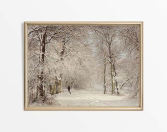 Vintage vinterlandskap, neutral snöskog oljemålning, antik lantlig inredning, jul, festlig, helgdag, FYSISKT papperstryck #0962