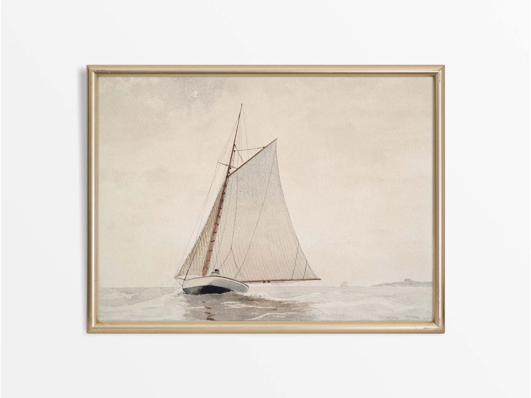 Neutral Antique Sailboat Wall Art Print, Minimalist Vintage Coastal ...