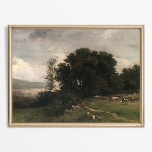 Moody Farmhouse Wall Art Print, Rustic Vintage Countryside Décor, Antique Country Landscape Oil Painting, PHYSICAL Paper Print #0354