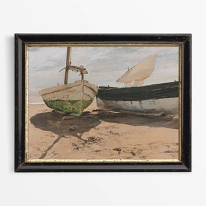 Antique Sailboat Beach Oil Painting | Rustic Nautical Coastal Vintage Art Print | Lake House Wall Décor | PHYSICAL Paper Print #0167