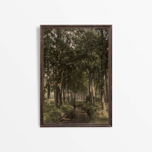 Antique Forest Stream Landscape Oil Painting, Moody Vintage Woodland Art, Rustic Country Farmhouse Wall Décor, PHYSICAL Paper Print #0551