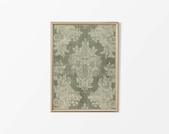 Vintage grönt gobelängkonstverk, neutralt blommönster textilväggkonst, rustik antik lantlig bondgårdsdekor, FYSISKT papperstryck #0462