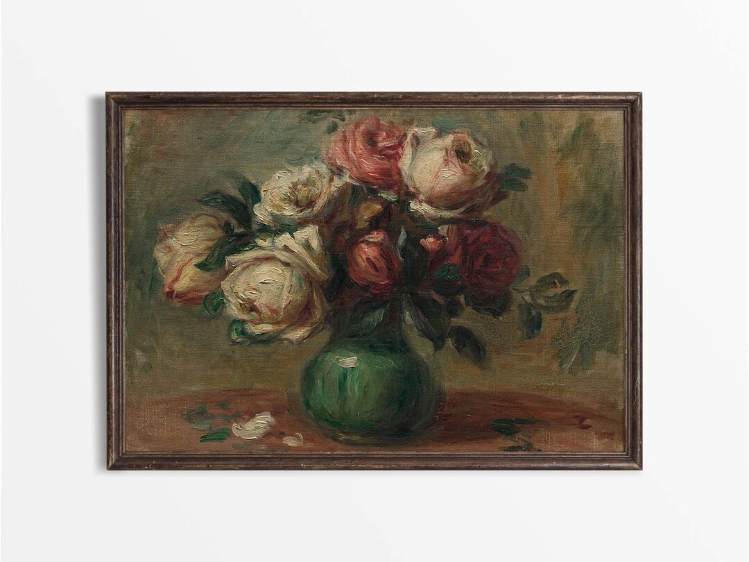 Antique Roses Oil Painting, Rustic Vintage Floral Still Life, Country ...