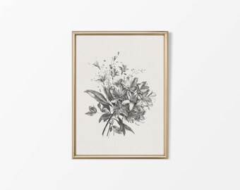 Könnte beinhalten: Ein gerahmter Schwarzweißdruck einer botanischen Illustration mit einem Blumenstrauß mit zarten Blättern.
