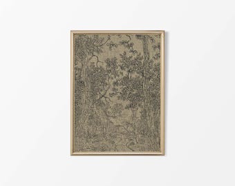 ミニマリストアンティークウッドランドスケッチ、ヴィンテージ風景画、ニュートラルウォールアート、ファームハウス装飾、ツリーエッチング、物理紙プリント #0780