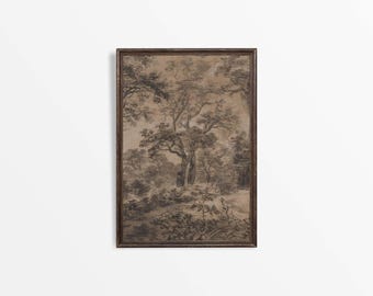 Moody Woodland Landscape Drawing, Neutral Antique Charcoal Sketch Wall Art, Vintage Farmhouse Décor, Forest Trees PHYSICAL Paper Print #0795