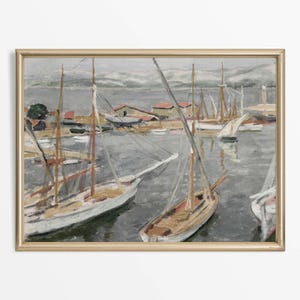 Antique European Coastal Oil Painting, Neutral Ocean Beach House Décor, Vintage Sea Harbour Sailboat Wall Art, PHYSICAL Paper Print #0888